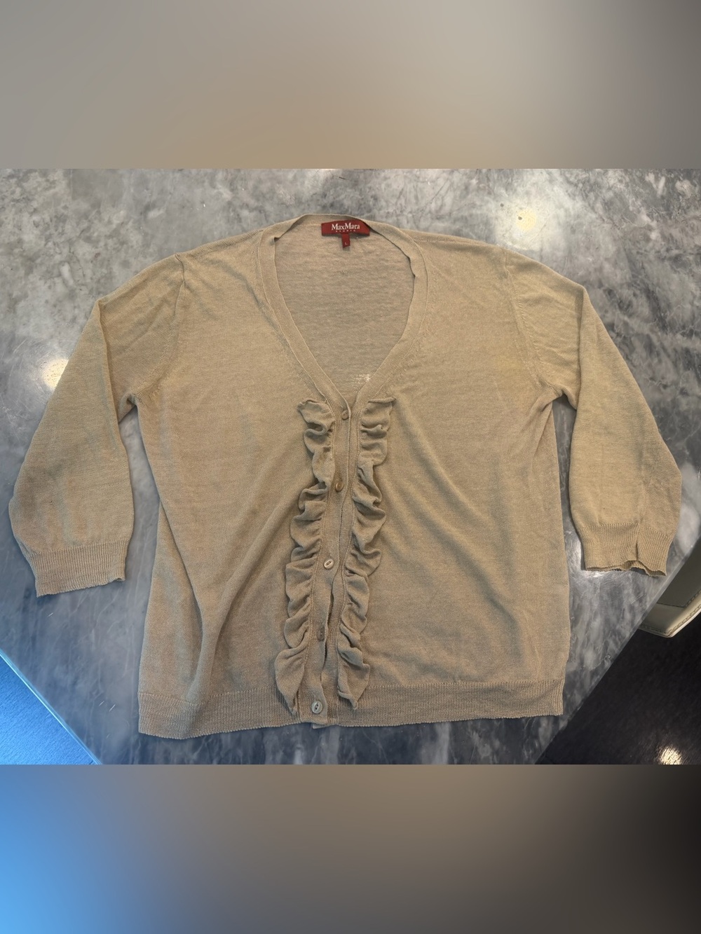 Vintage y2k MaxMara Beige Ruffle-Trim V-Neck Cardigan size large